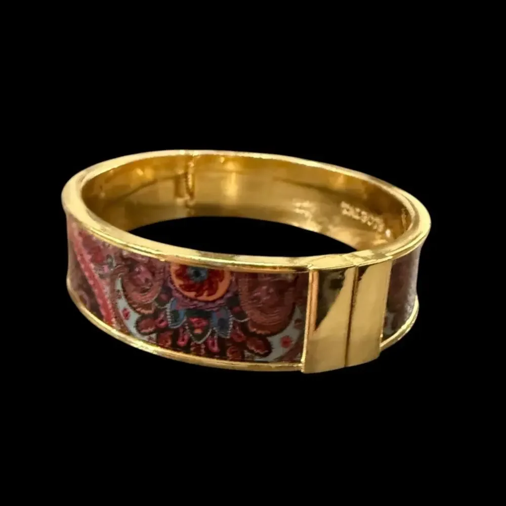Talbots Paisley Enamel Gold Tone Hinged Bangle Bracelet Boho Chic